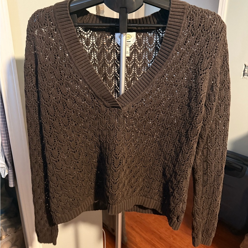 Vintage oversized cropped crochet sweater 100% cotton brown large
